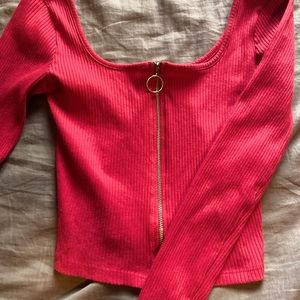 Red crop top fitted zip up shirt